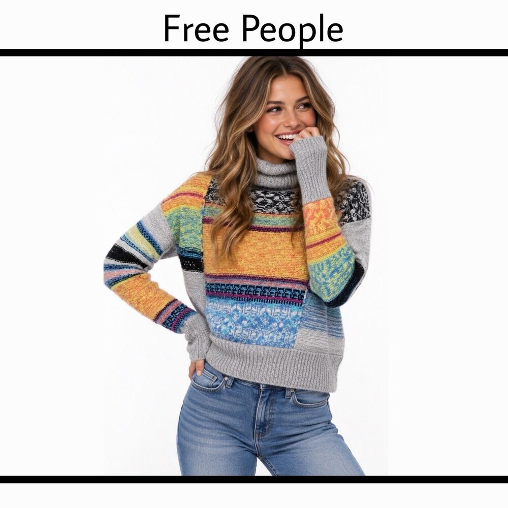 Free People This & That Striped Wool Blend Turtleneck Sweater Medium